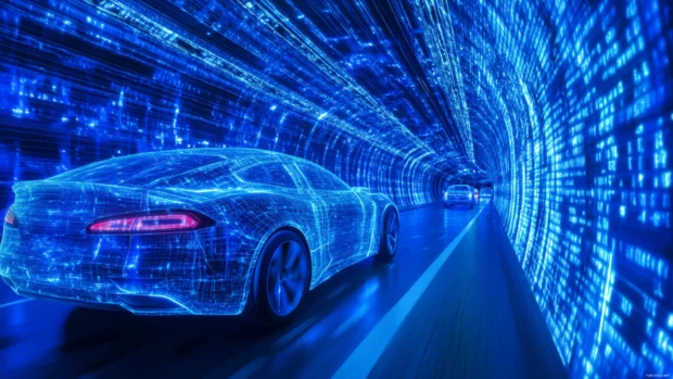 Futuristic car driving through blue neon streets illuminated by Futuristic blue neon scene.