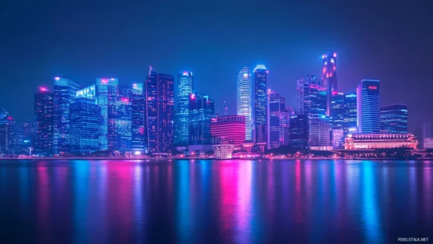 Futuristic city skyline glowing in electric blue and magenta, a stunning cyberpunk 4K wallpaper aesthetic.