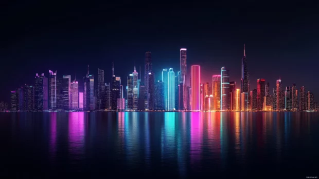 Futuristic city skyline glowing with cool neon lights, 4K neon abstract background.