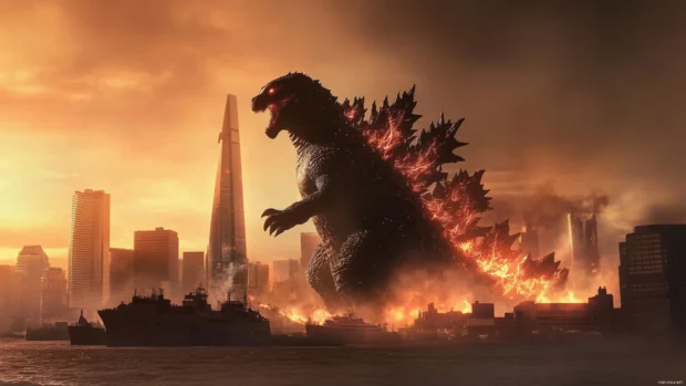 Futuristic city skyline shattered by the steps of Godzilla.