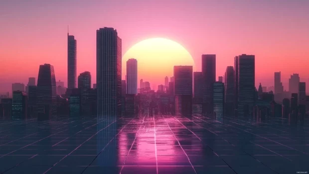 Futuristic cityscape rendered in retro futurism wallpaper style with sunset gradients.
