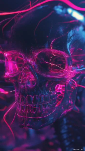 Futuristic cool skull wallpaper with glowing wires and techno vibes.