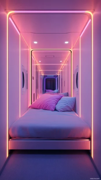 Futuristic corridor outlined with neon edges, Minimal neon line wallpaper.