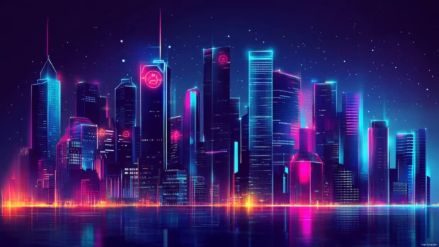 Futuristic dark neon glow, Glowing symbols fading into dark futuristic city.