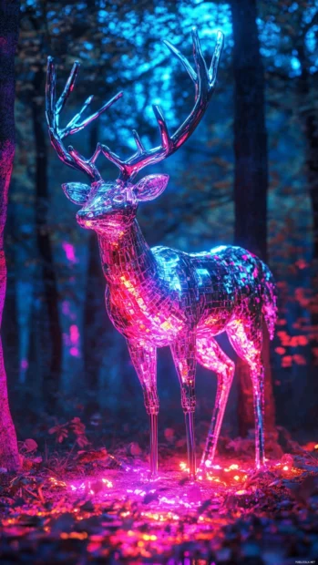 Futuristic deer made of chrome and lights in neon woods.