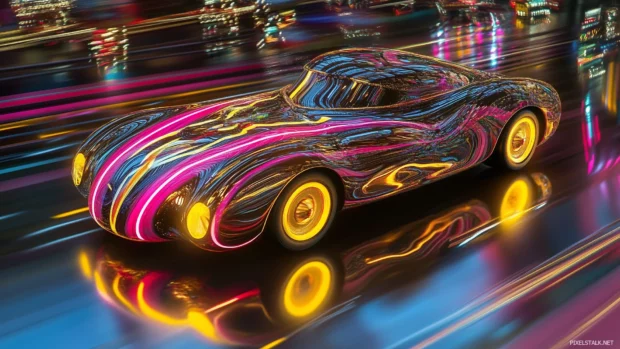 Futuristic fast car, pink yellow neon, reflections on surface, city lights.