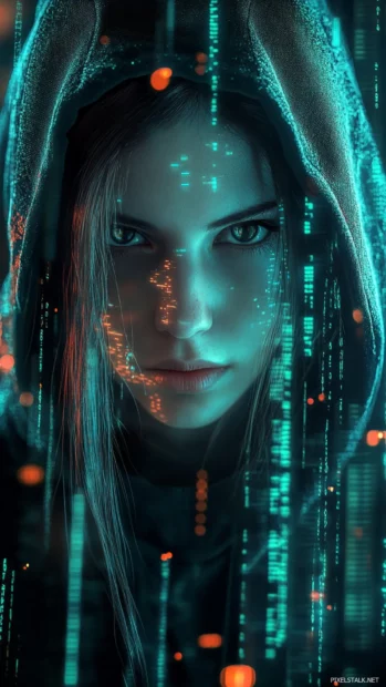 Futuristic female hacker surrounded by glowing code, sleek design suitable for mobile screens.