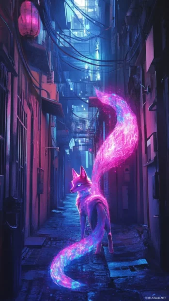 Futuristic fox spirit with holographic tails in a side alley.