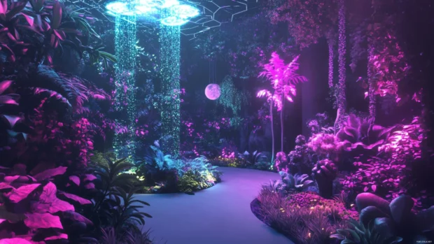 Futuristic garden with cybernetic plants glowing softly.