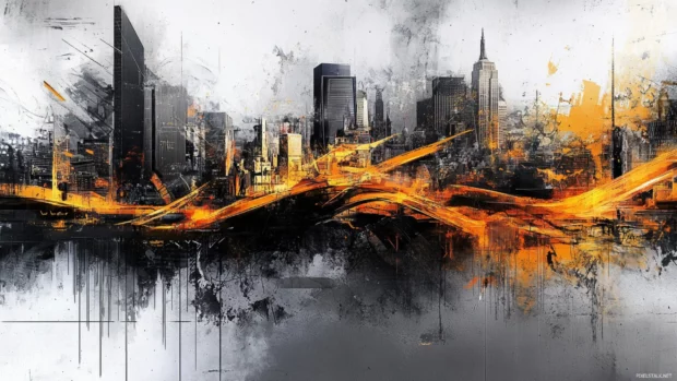 Futuristic graffiti cityscape wallpapers blending text, light and misty tower lines.