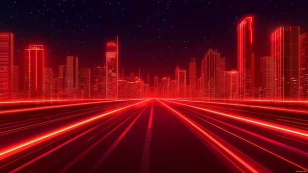 Futuristic highway lined with red neon streaks featuring Futuristic red neon cityscape.