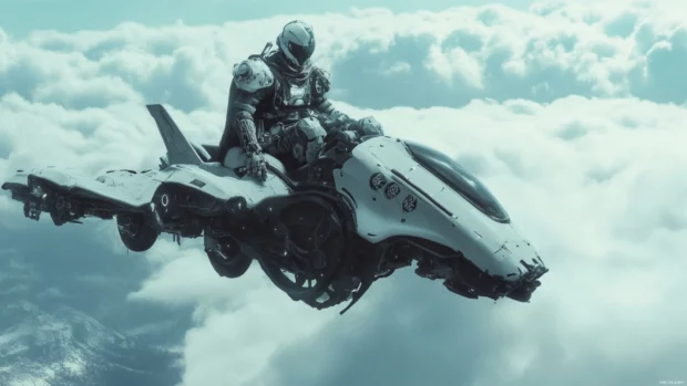 Futuristic knight riding a flying beast, mixing sci fi and Fantasy Desktop Wallpapers 4K.