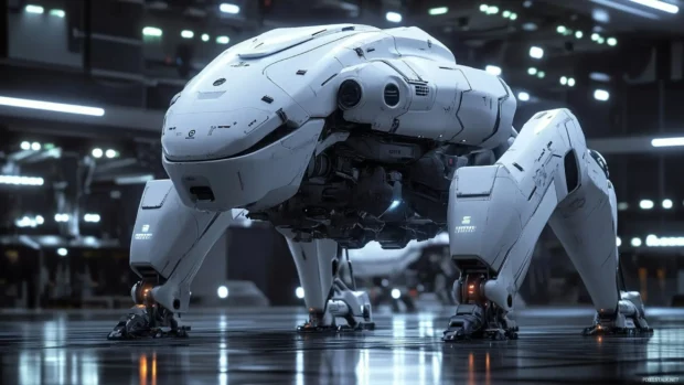 Futuristic mech in a dimly lit hangar bay, great for sci fi lovers searching for dark wallpaper for PC.