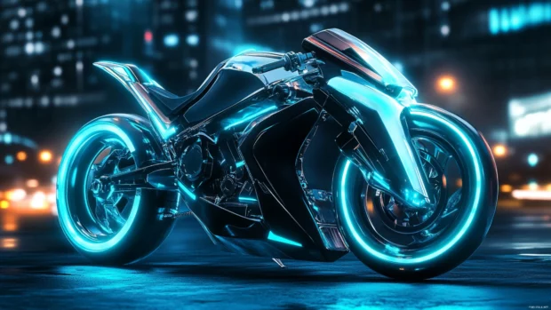 Futuristic motorcycle under glowing streetlights.