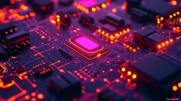 Futuristic neon circuit board, glowing nodes, complex pathways, vector illustration, D art.