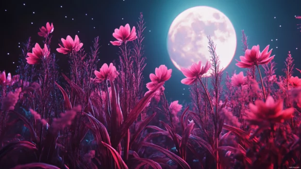Futuristic neon gardens blooming under moonlight.