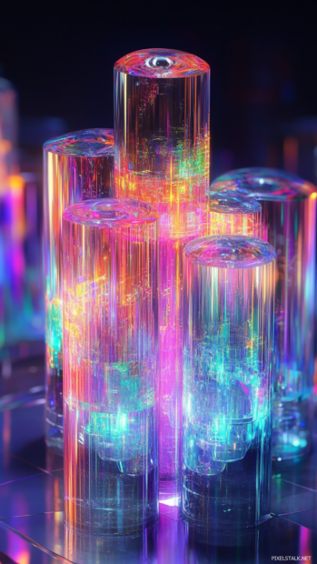 Futuristic neon lock screen Android wallpapers with abstract glass sculptures reflecting rainbow light.