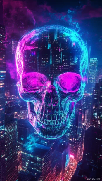 Futuristic neon skull mask, Futuristic neon skull mask floating over cityscape.