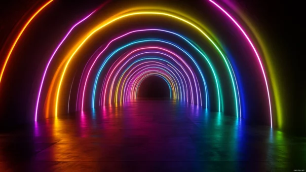 Futuristic neon tunnel 4K, Cool neon circuits spreading across dark ground.