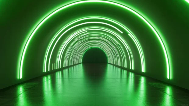 Futuristic neon tunnel 4K resolution, Tunnel of light surrounded by endless neon stripes.