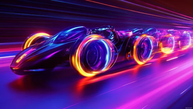 Futuristic racing bikes leaving neon trails.