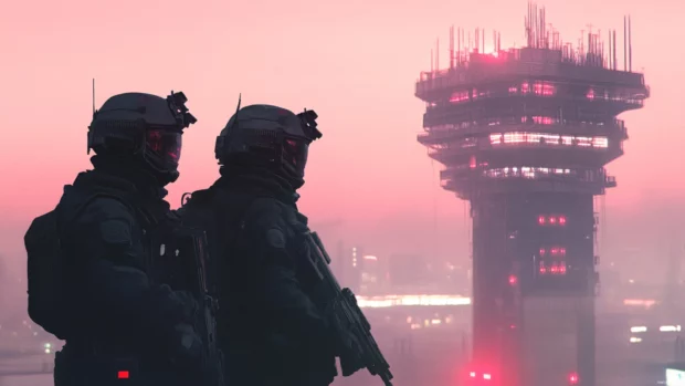 Futuristic riot police guarding a cybernetic control tower.