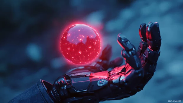 Futuristic robot holding glowing orb.