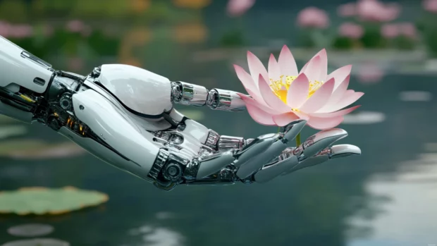 Futuristic robotic hand holding a lotus flower.