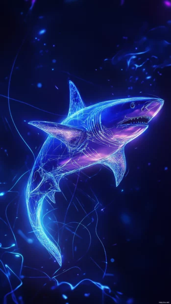 Futuristic shark iPhone wallpaper 4K with glowing neon outlines undersea.