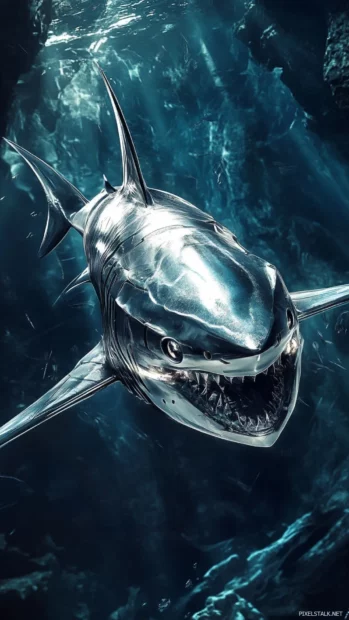 Futuristic shark with armored fins on cool shark wallpaper for iPhone.