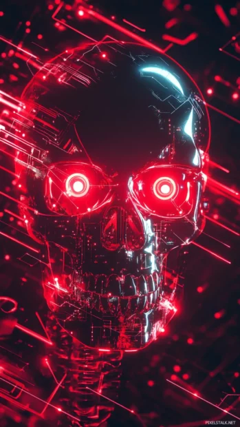 Futuristic skull iPhone wallpapers in with circuit patterns and red glow.