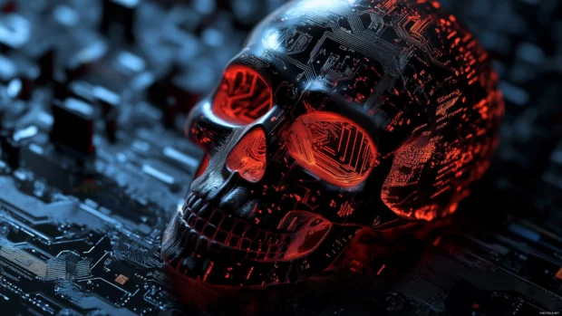 Futuristic skull wallpaper 4K with circuit board patterns and black background.