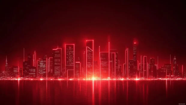 Futuristic skyline bathed in red neon lights, Aesthetic red neon background.
