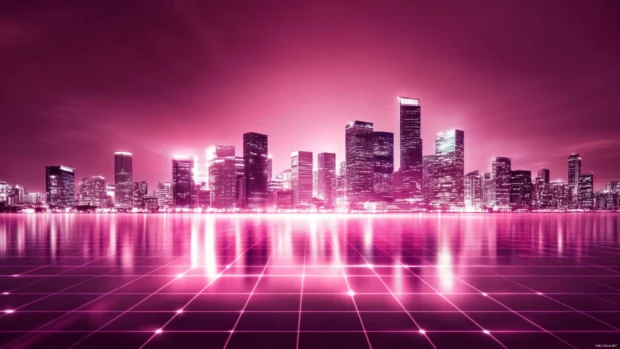 Futuristic skyline glowing in magenta beneath grid floor.