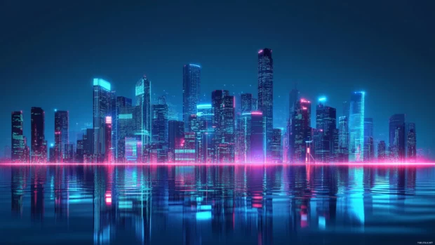 Futuristic skyline glowing in neon, perfect for Cyberpunk aesthetic backgrounds.