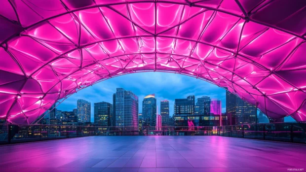 Futuristic skyline under a dome of pink neon.