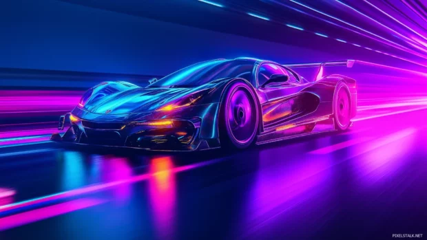 Futuristic sleek car, vibrant neon lights, reflections, neon highway night, city lights, chrome.