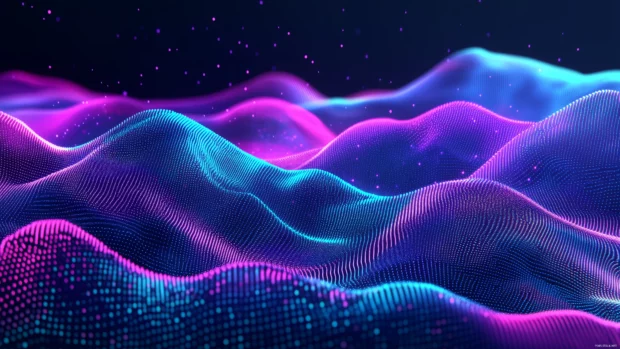 Futuristic soundscape with dynamic neon music waves, pulsating colorful light in blue purple pink, abstract beat.