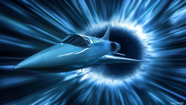 Futuristic spaceship traveling through a wormhole.