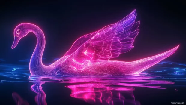 Futuristic style Swan made of neon outlines.