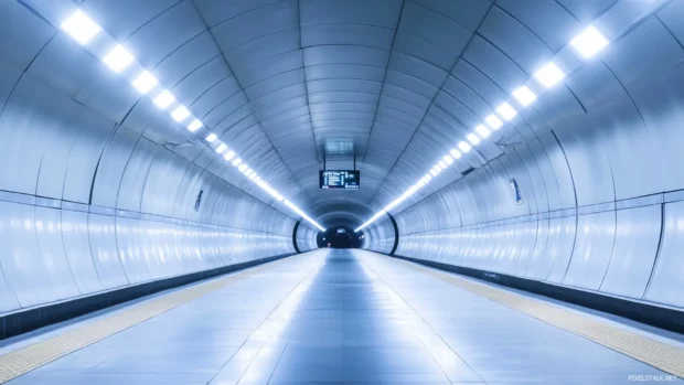 Futuristic subway tunnel illuminated by dynamic LED lights, designed to enhance cyberpunk desktop wallpapers and screens.