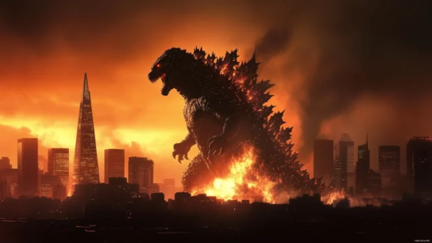 Futuristic tech city as backdrop in cool Godzilla wallpaper for widescreen.