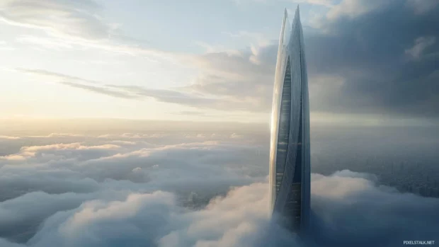 Futuristic tower rising above clouds, sci fi architecture design.