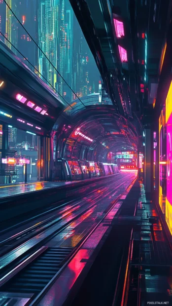 Futuristic train station with colorful signage.
