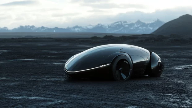 Futuristic vehicle in a black desert.