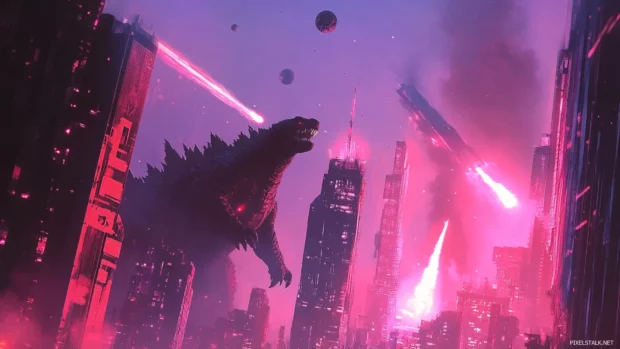 Futuristic version of Godzilla defending a sci fi city from meteors.