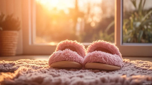 Fuzzy pink slippers on a cozy mat near morning sun.