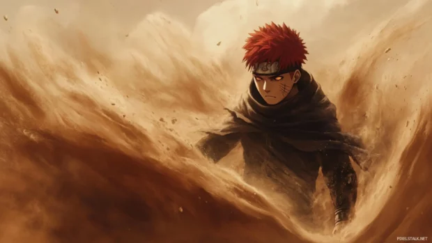 Gaara controlling a sandstorm in the desert.