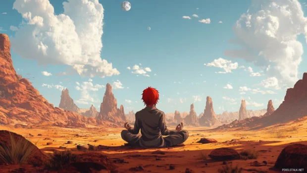 Gaara meditating in a peaceful desert landscape.