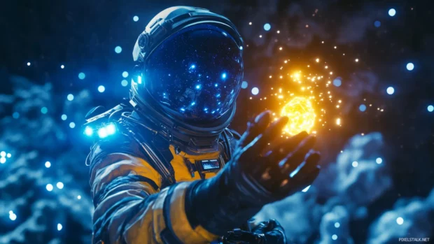 Galactic auroras light up the background as an astronaut holds a glowing artifact.